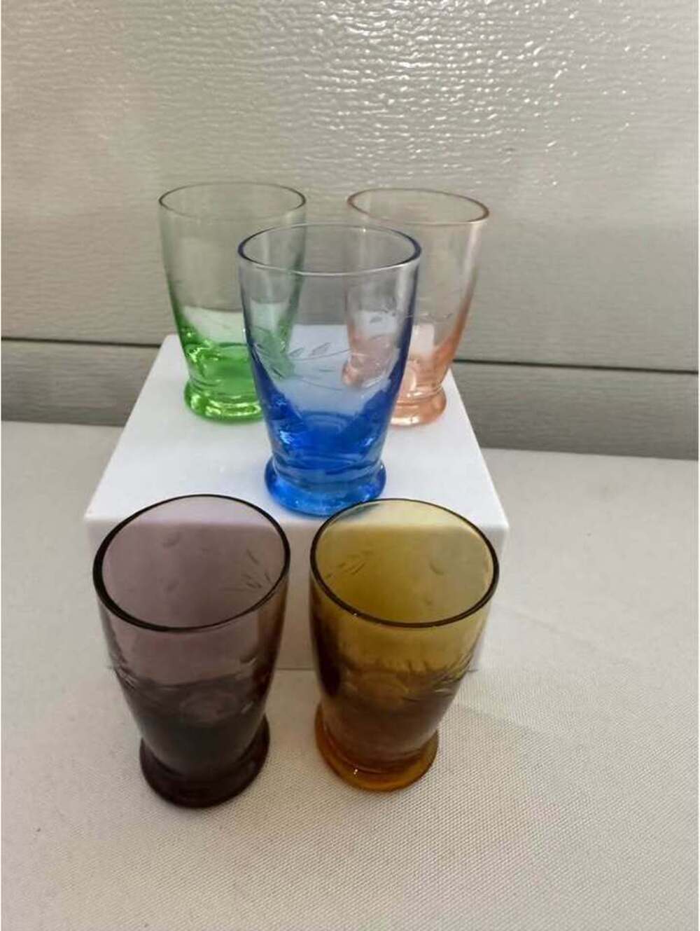 Set of 5 Vintage Etched Multi-Color Glass shot glasses